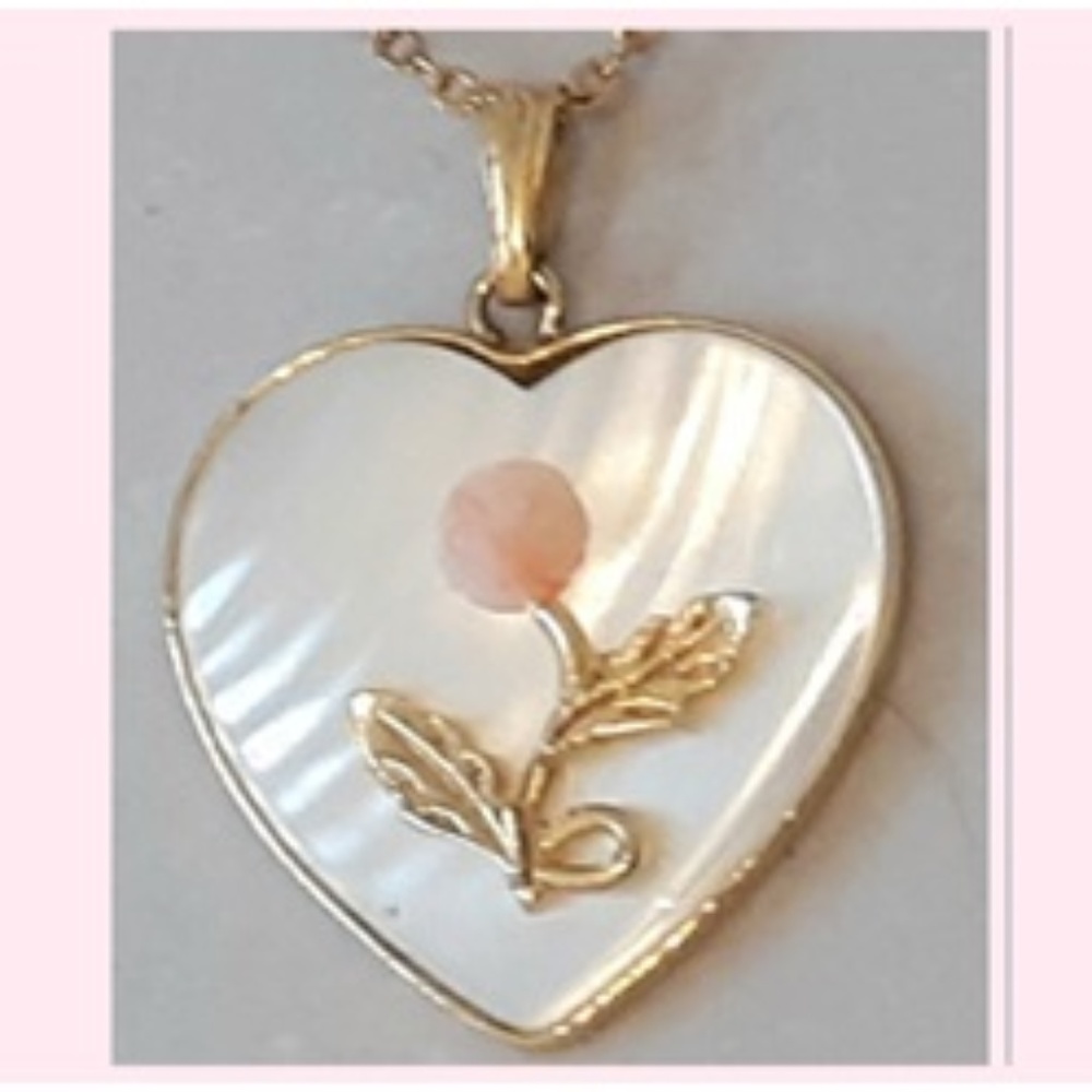 Abalone  Heart Pendant Necklace  with Pink Rose